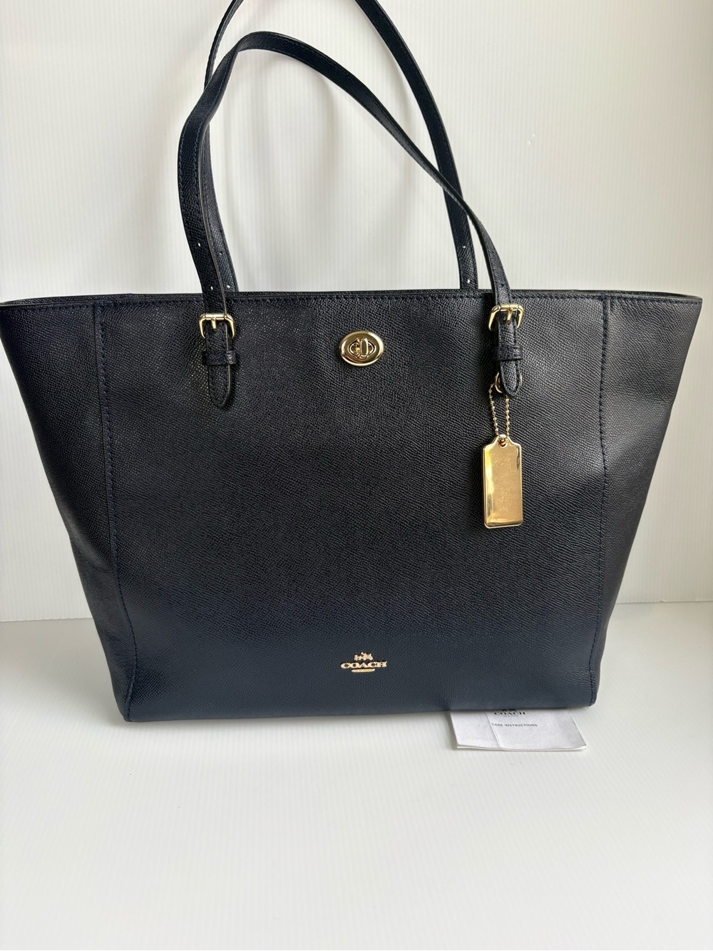 Coach Turnlock Leather Tote with Gold Accents large Navy blue